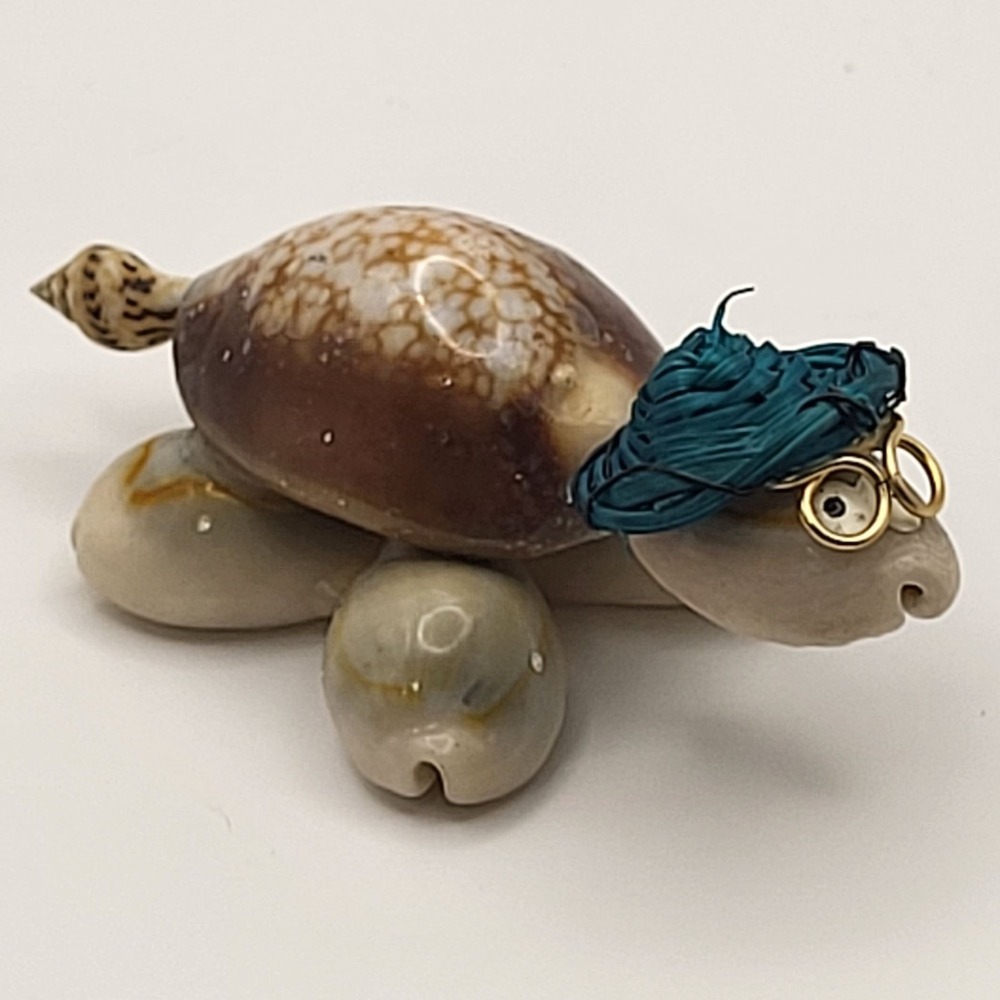 Handcrafted Shell Googly Eye Turtle Figurine Blue Hat Gold Glasses Miniature - Picture 3 of 7